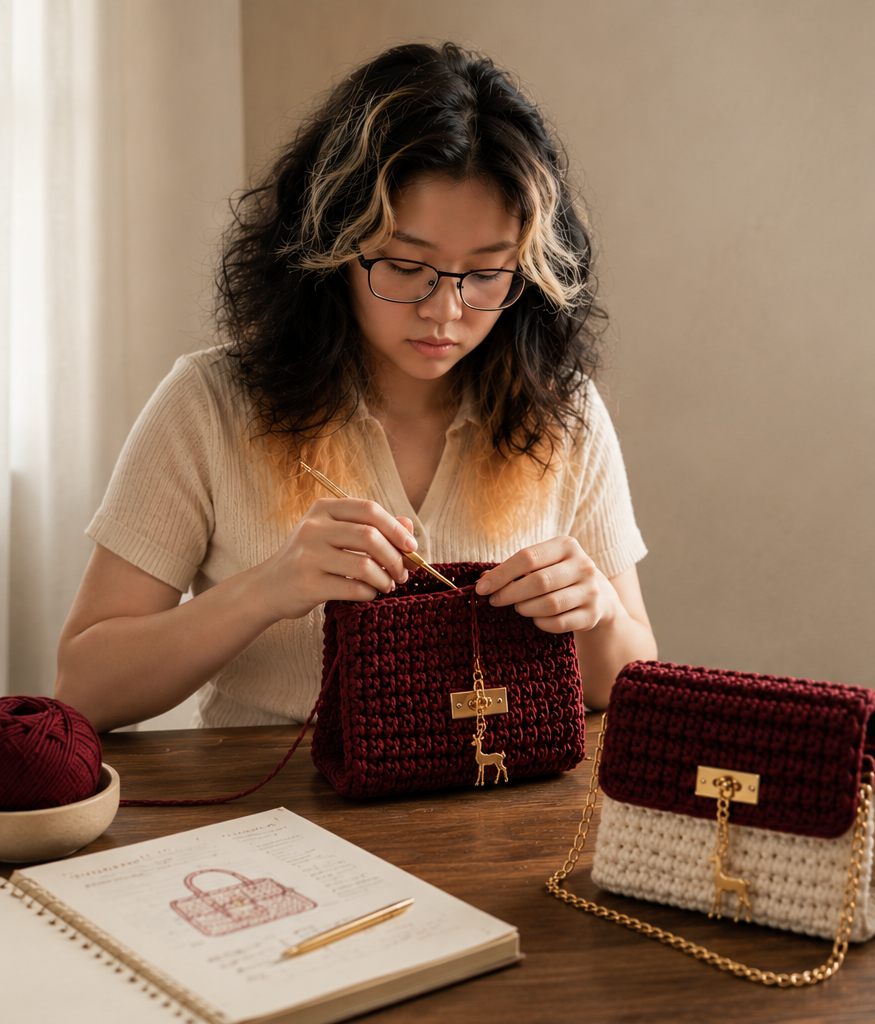 Marianne, creator of Love Croché, hand crocheting a bag