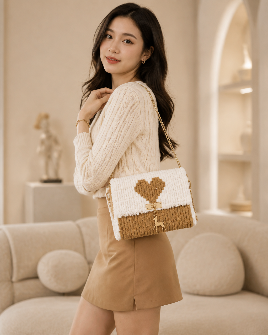 Model wearing the Beige Heart crochet bag