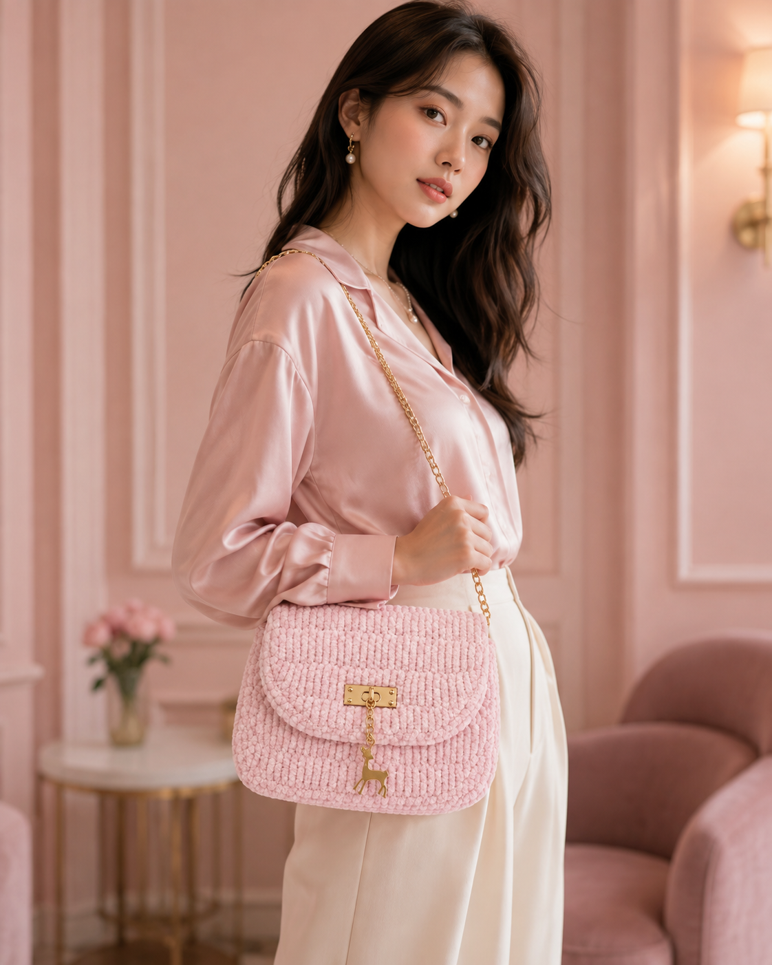 Model wearing the Blush Dream crochet bag
