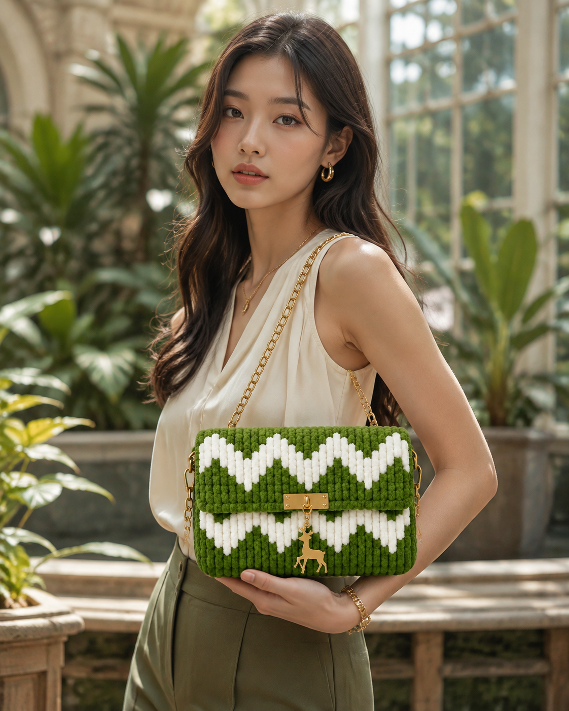Model wearing the Evergreen Wave crochet bag