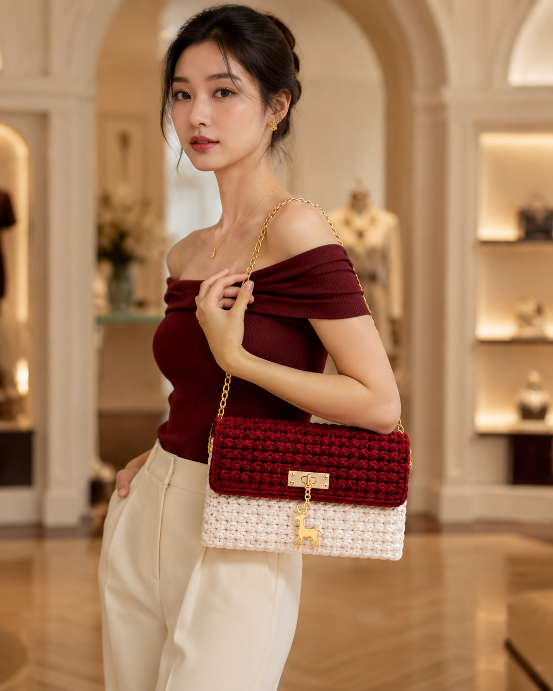 Model wearing the Maroon Harmony crochet bag